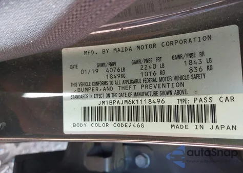 2019 Mazda Mazda3 from USA, damaged, VIN JM1BPAJM6K1118496